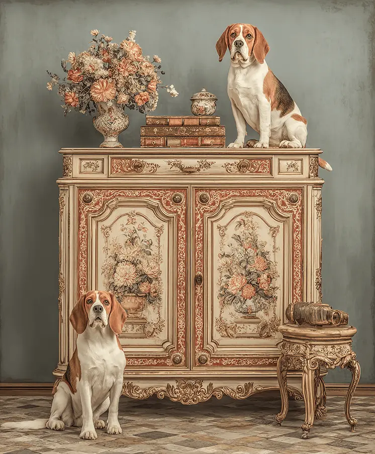 Beagle Puppies Portrait in Peach art print: Too Much is Never Enough