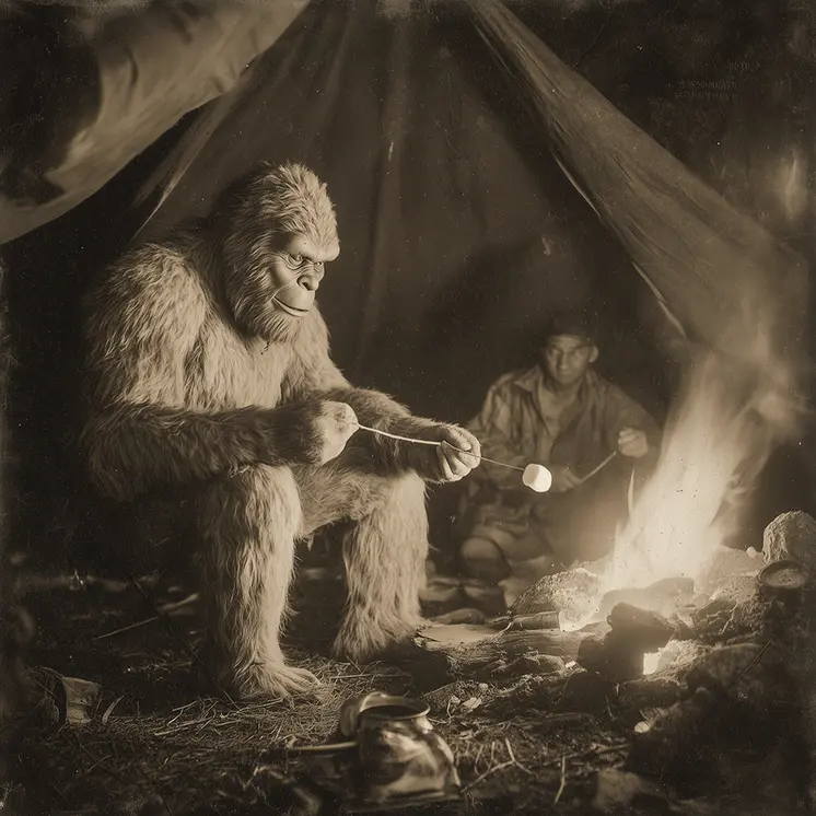 Bigfoot Toasting Marshmallows Art Print - 8"x8" Artwork for 12"x12" Frame