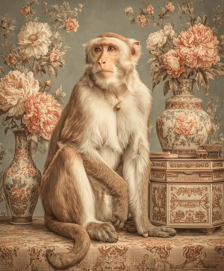 Monkey and Peonies Still Life art print: Too Much is Never Enough