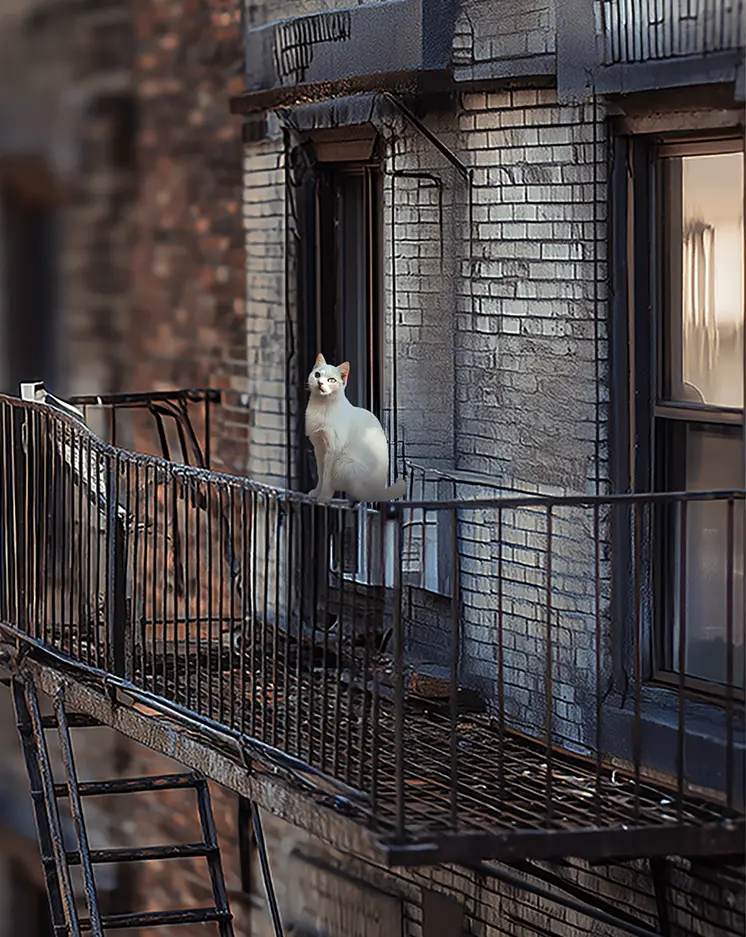 The Big Apple - NYC Cat on Fire Escape art print – 8″x10″ Artwork for 11″x14″ Frame