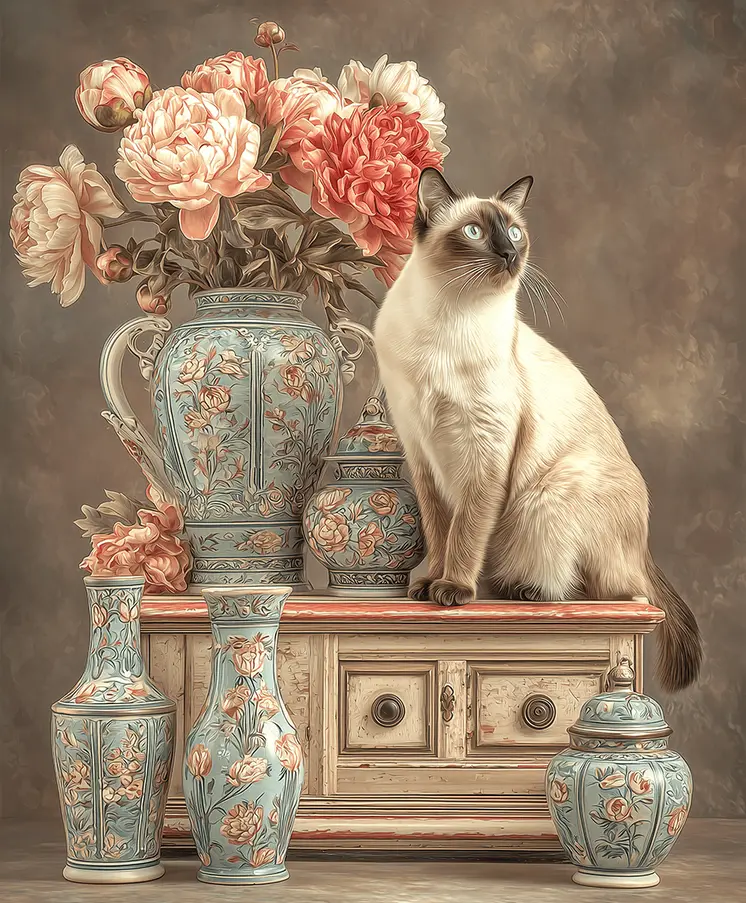Siamese Cat and China Still Life art print: Too Much is Never Enough