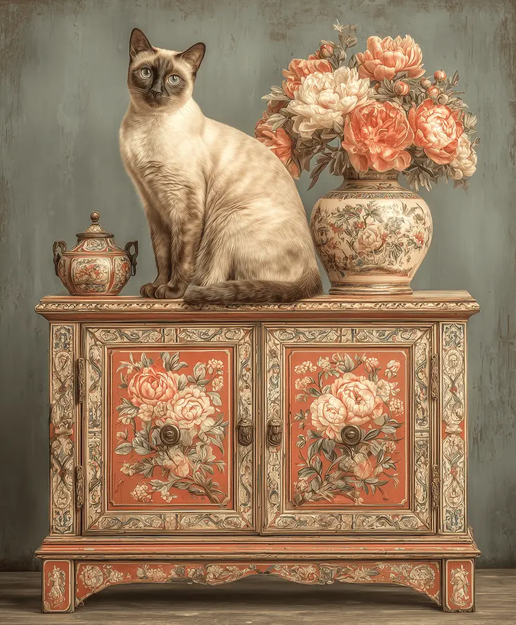 Siamese Cat and Chinoiserie Still Life art print: Too Much is Never Enough