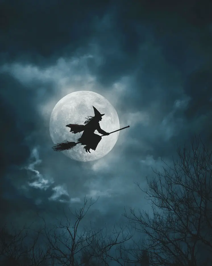 Classic Witch Flying on a Broom Halloween Art Print - 8"x10" Artwork