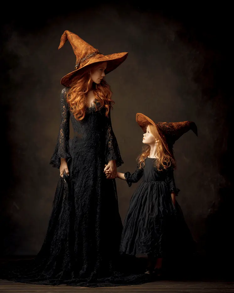 Witch Mother & Daughter Portrait Halloween Art Print - 8"x10" Artwork