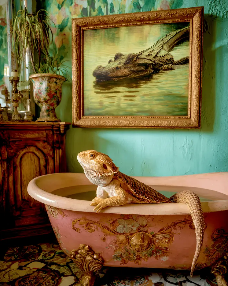 Bearded Dragon Lizard in a Bathtub with Alligator Pic Above Bathroom Art Print - 8"x10" Artwork for 11"x14" Frame