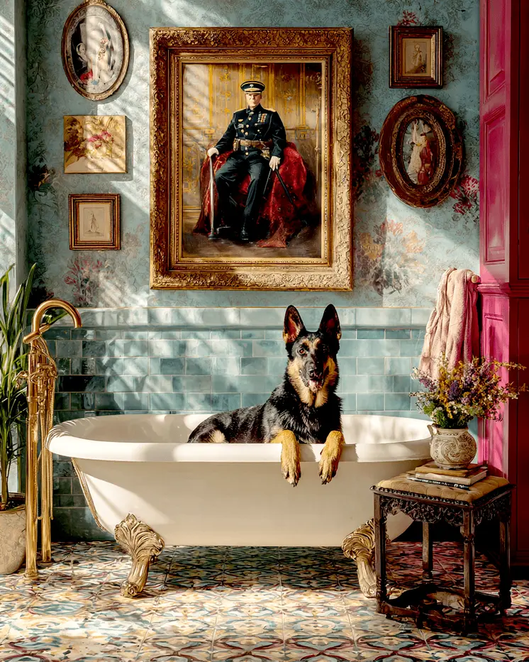 German Shepherd in a Bathtub Bathroom Art Print - 8"x10" Artwork for 11"x14" Frame