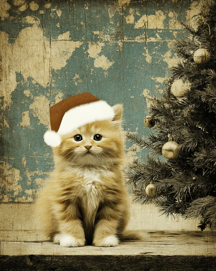 Kitten in Santa Hat Christmas Art Print - 8"x10" Artwork