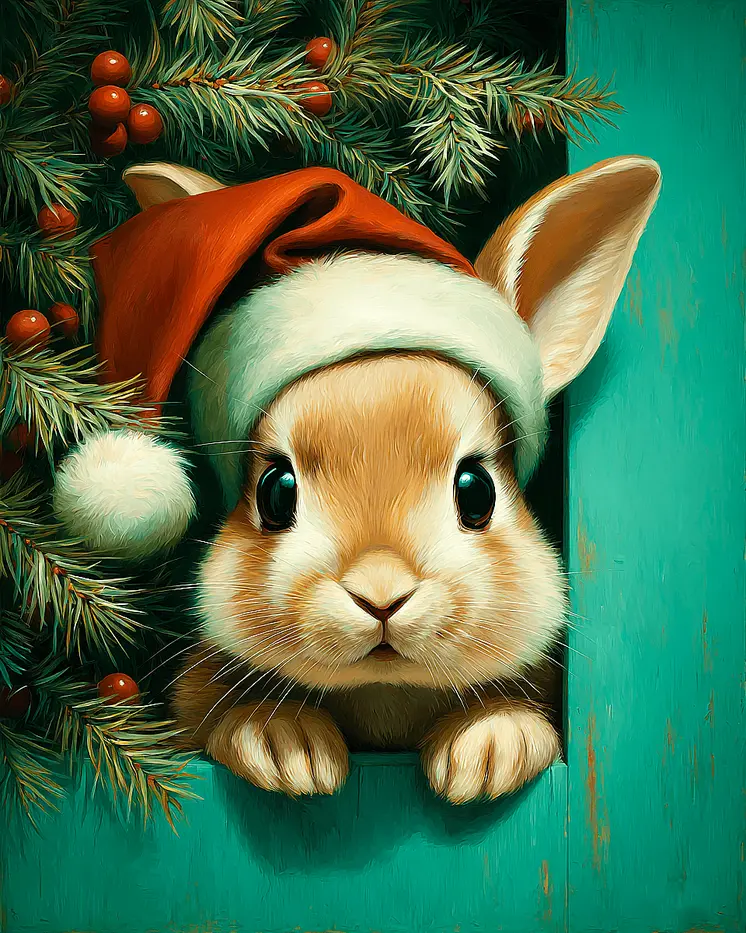 Bunny Rabbit in Santa Hat Christmas Art Print - 8"x10" Artwork