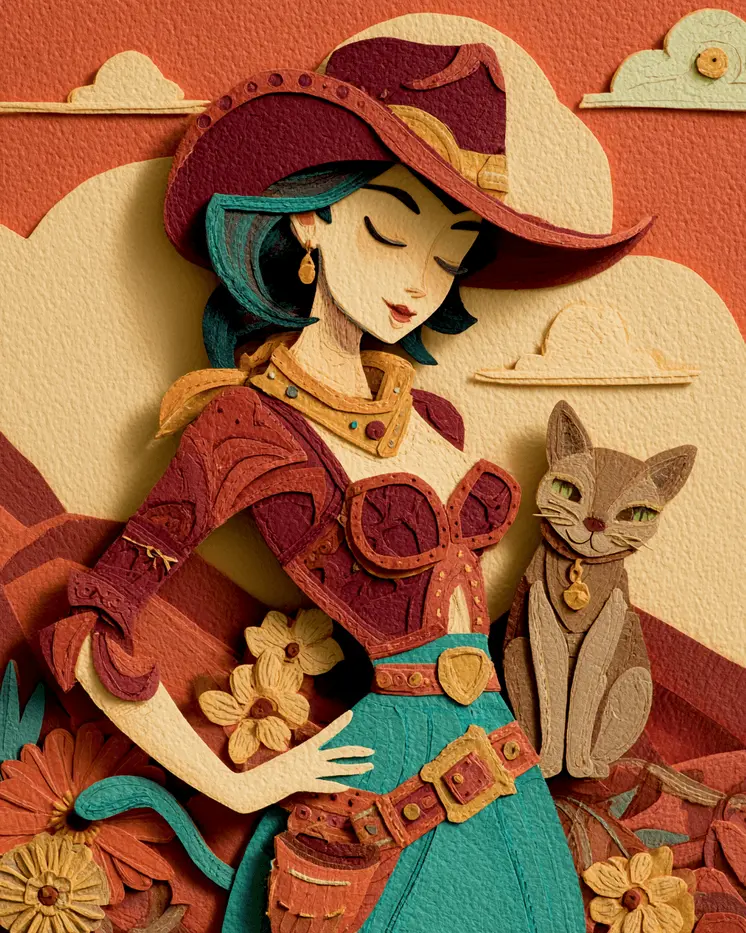 Cowgirl & Her Cat - Cut Paper Art Print - 8"x10" Artwork for 11"x14" Frame