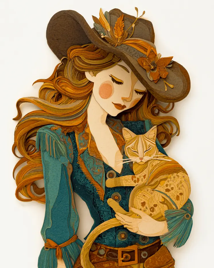 Dallas Cowgirl with Her Cat - Cut Paper Art Print - 8"x10" Artwork for 11"x14" Frame