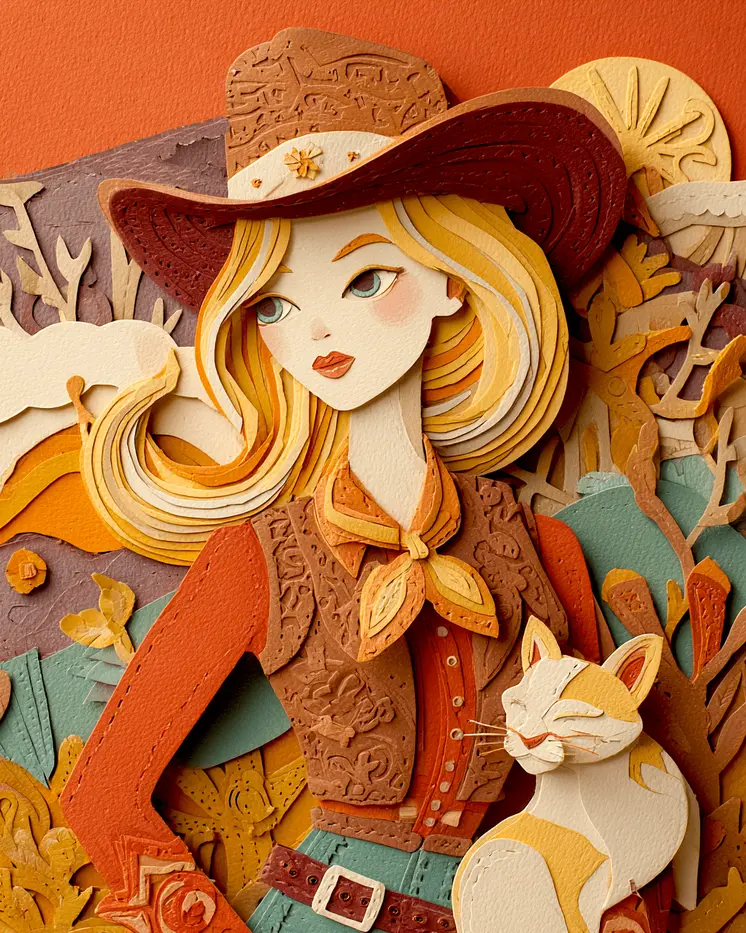 Cowgirl Jessica & Her Cat - Cut Paper Art Print - 8"x10" Artwork for 11"x14" Frame