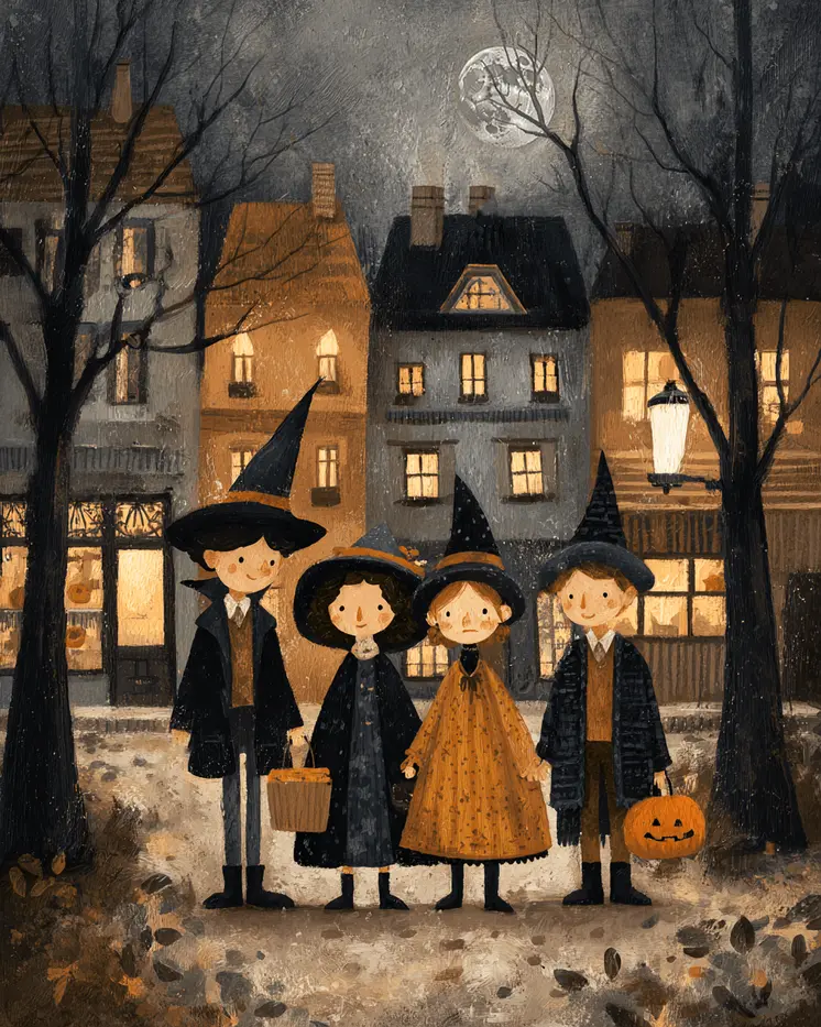 Folk Art Four Witches Trick or Treating Dark Academia Art Print - 8"x10" Artwork for 11"x14" Frame