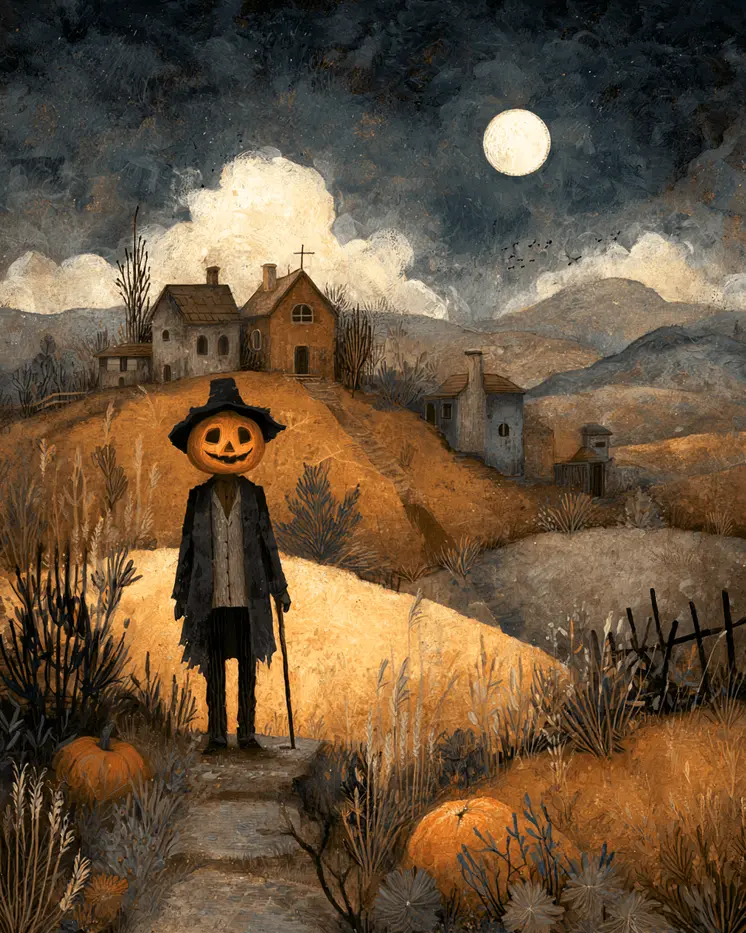 Pumpkinhead on a Walk Dark Academia Art Print - 8"x10" Artwork for 11"x14" Frame