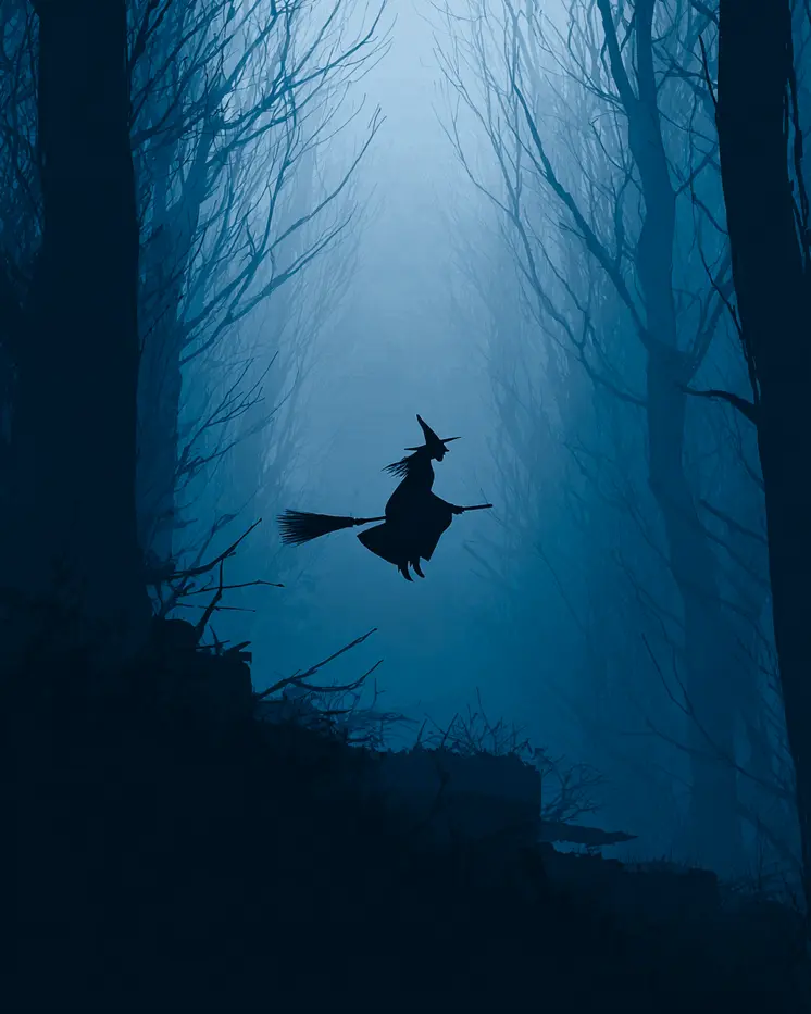 Deep Woods Witch Flying By on Broom Dark Academia Art Print - 8"x10" Artwork for 11"x14" Frame