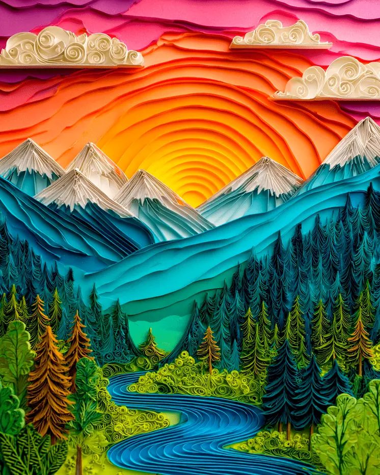 Layered Paper Style Mountain Sunrise Nature Art Print - 8"x10" Artwork for 11"x14" Frame