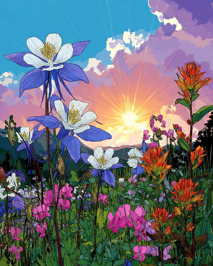 Columbine & Indian Paintbrush Mountains Nature Art Print - 8"x10" Artwork for 11"x14" Frame