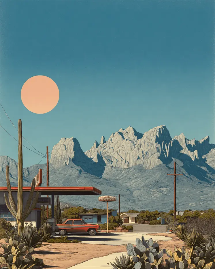 50's Style Superstition Mountains Desert Stop American Southwest Art - 8"x10" Artwork for 11"x14" Frame