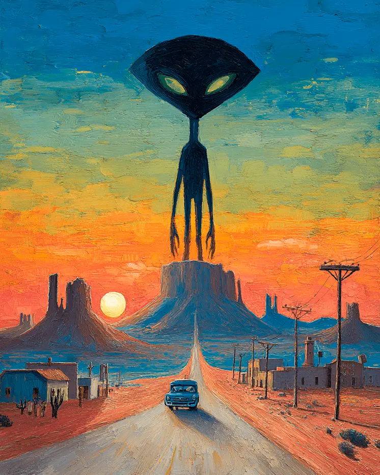 Leaving Roswell with Alien Watching American Southwest Art - 8"x10" Artwork for 11"x14" Frame