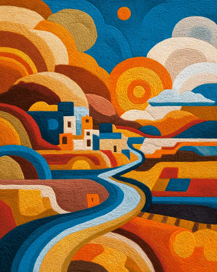 Yarn Style Desert Home Abstract American Southwest Art - 8"x10" Artwork for 11"x14" Frame