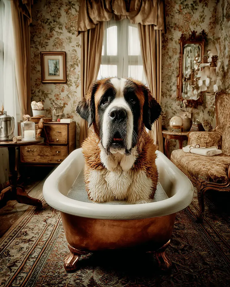 Bath-Time for Bernie - Saint Bernard Bathroom Art Print - 8"x10" Artwork for 11"x14" Frame