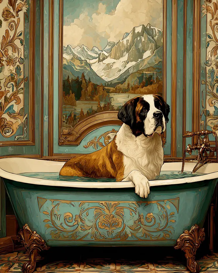 Ol' Summit Gets a Bath - Saint Bernard Bathroom Art Print - 8"x10" Artwork for 11"x14" Frame
