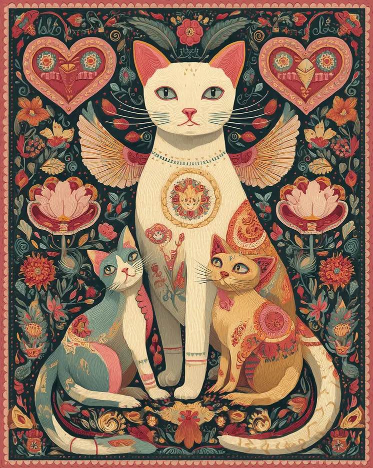 Folk Art Angel Cats and Hearts Art Print - 8"x10" Artwork for 11"x14" Frame
