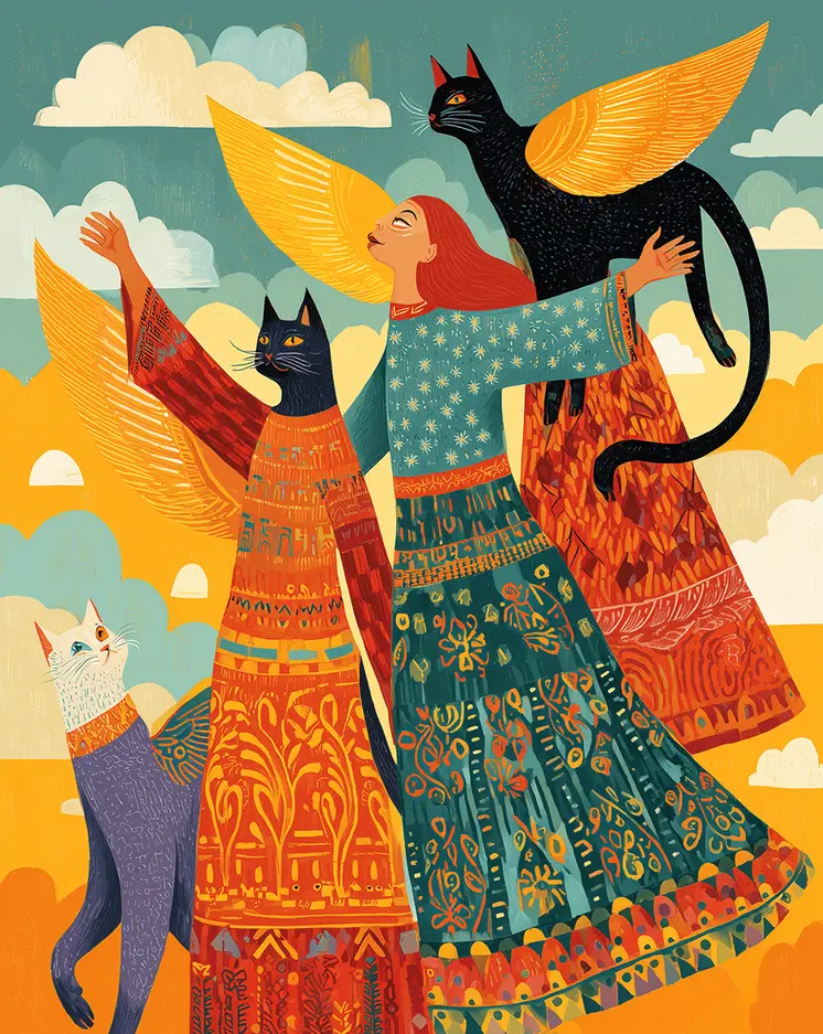 Folk Art Bringing the Angel Cats Art Print - 8"x10" Artwork for 11"x14" Frame