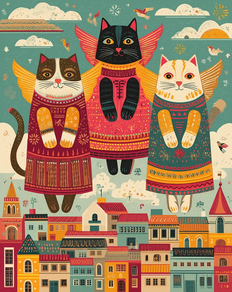 Folk Art Cats Rising to the Heavens Art Print - 8"x10" Artwork for 11"x14" Frame
