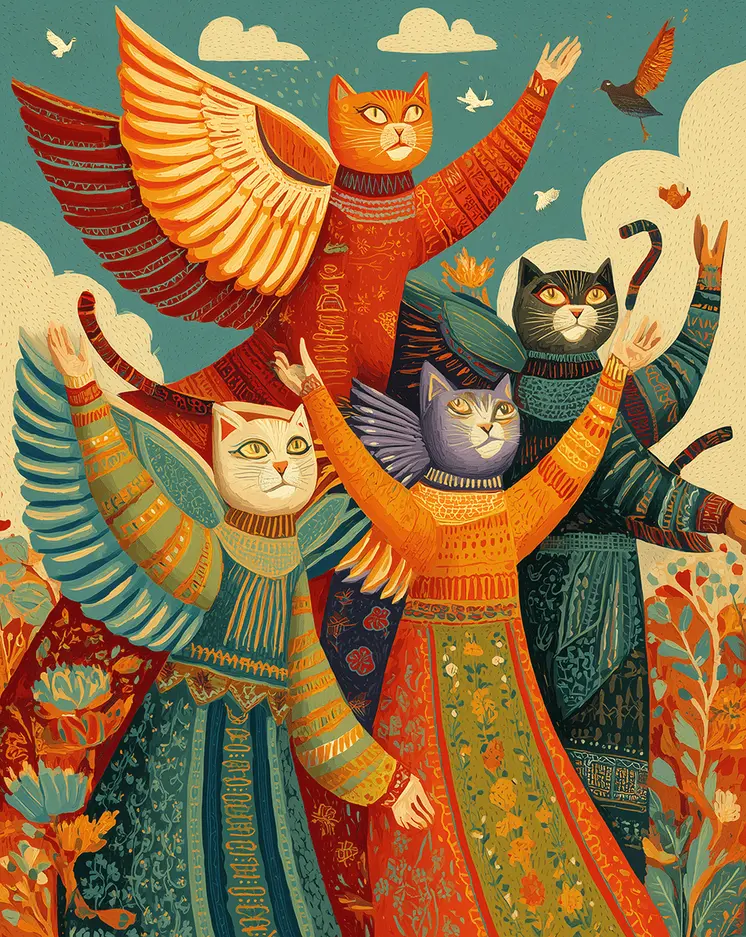 Folk Art Group of Angel Cats Waving Art Print - 8"x10" Artwork for 11"x14" Frame