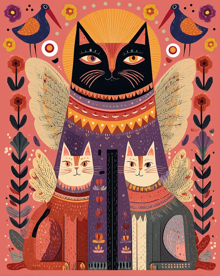 Folk Art Rose Angel Cats Art Print - 8"x10" Artwork for 11"x14" Frame