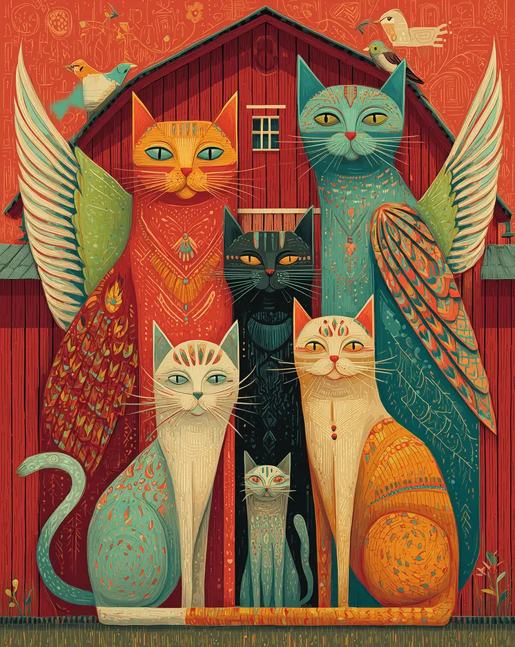 Folk Art Barn Cats Art Print - 8"x10" Artwork for 11"x14" Frame