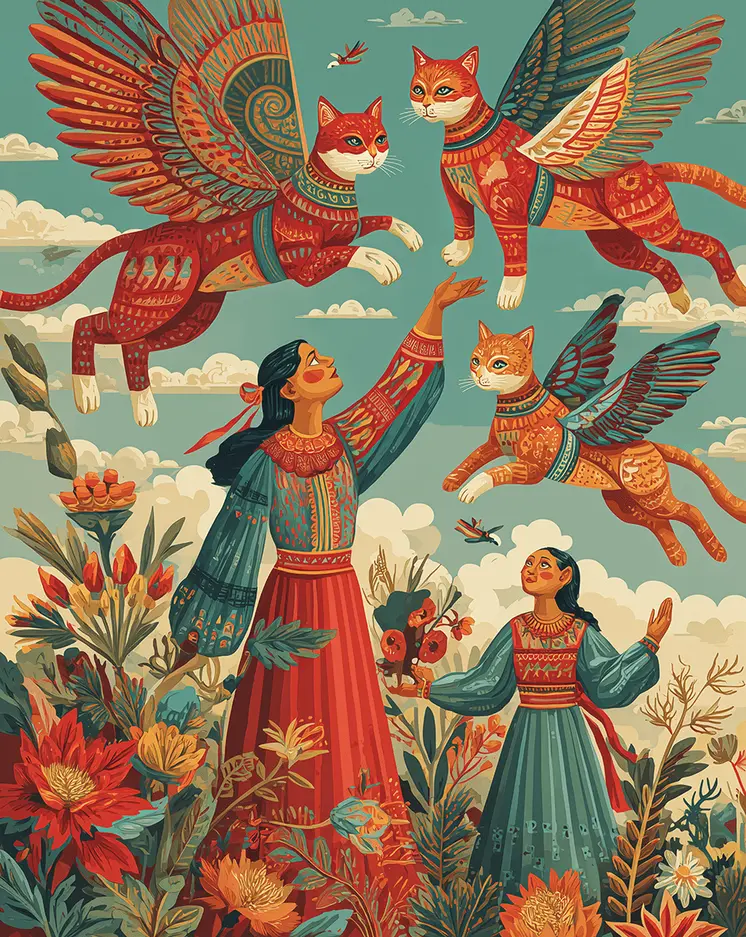 Mayan Folk Art Praise to the Angel Cats Art Print - 8"x10" Artwork for 11"x14" Frame