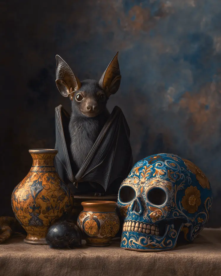 Calavera Bat & Skull Still-Life - Dark Academia Art Print - 8"x10" Artwork for 11"x14" Frame