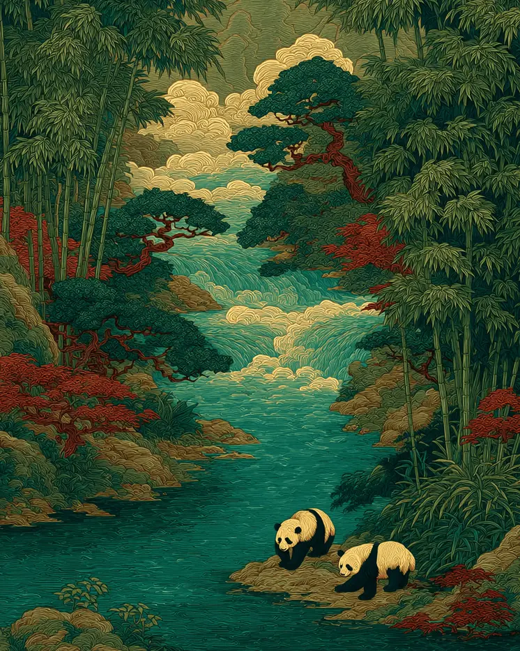 Stylized Panda Bears Wildlife Art Print - 8"x10" Artwork for 11"x14" Frame