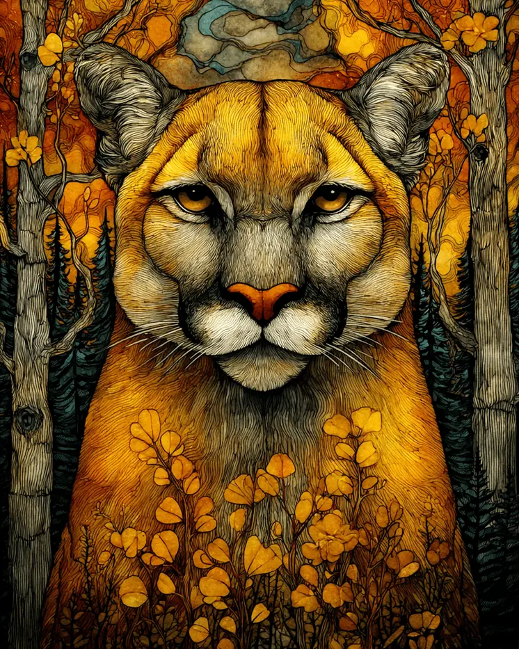 Stylized Mountain Lion Wildlife Art Print - 8"x10" Artwork for 11"x14" Frame