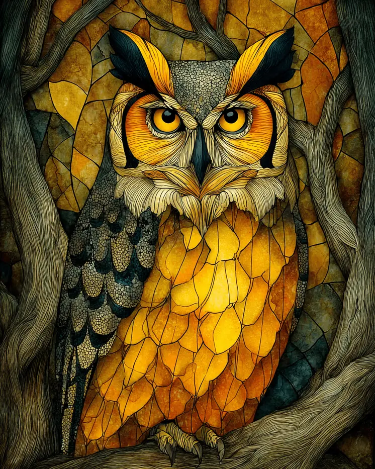 Stylized Great Horned Owl Wildlife Art Print - 8"x10" Artwork for 11"x14" Frame
