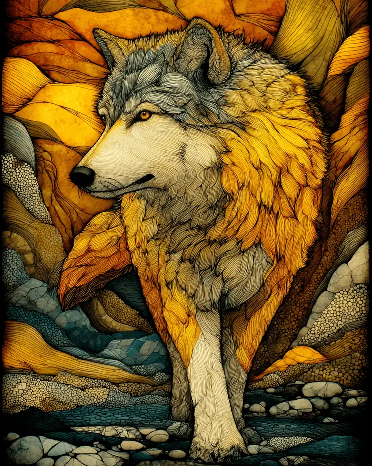 Stylized Walking Wolf Wildlife Art Print - 8"x10" Artwork for 11"x14" Frame