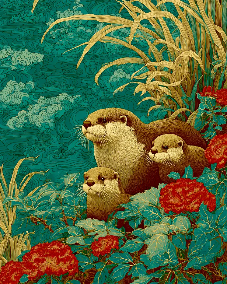 Stylized Otter & Kits Wildlife Art Print - 8"x10" Artwork for 11"x14" Frame