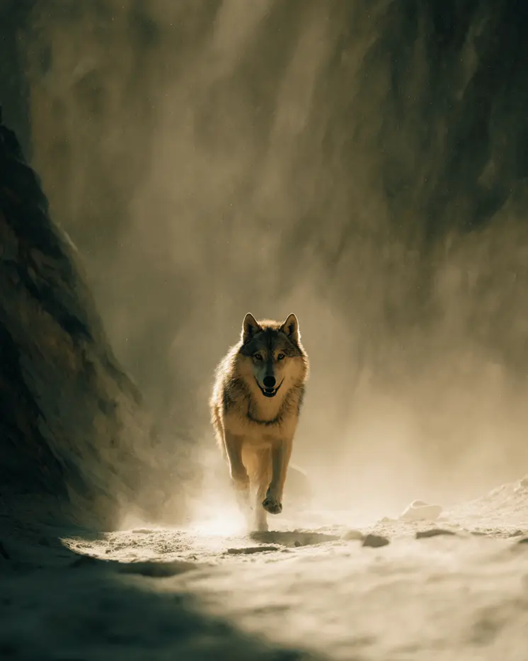 Running Wolf in Canyon Wildlife Art Print - 8"x10" Artwork for 11"x14" Frame