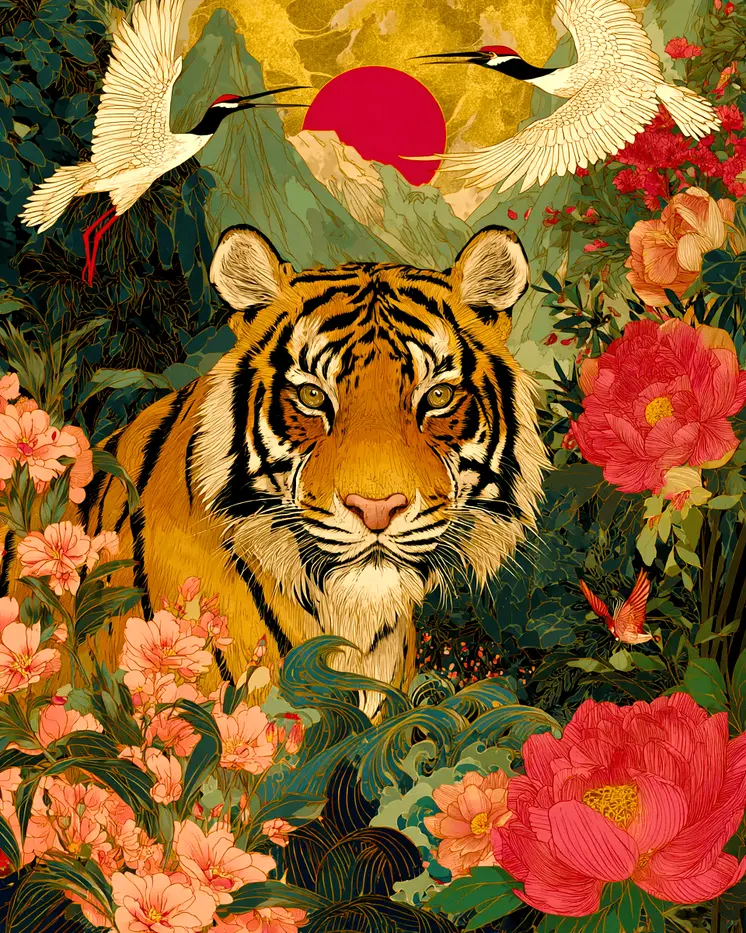 Tiger & Cranes Wildlife Art Print - 8"x10" Artwork for 11"x14" Frame