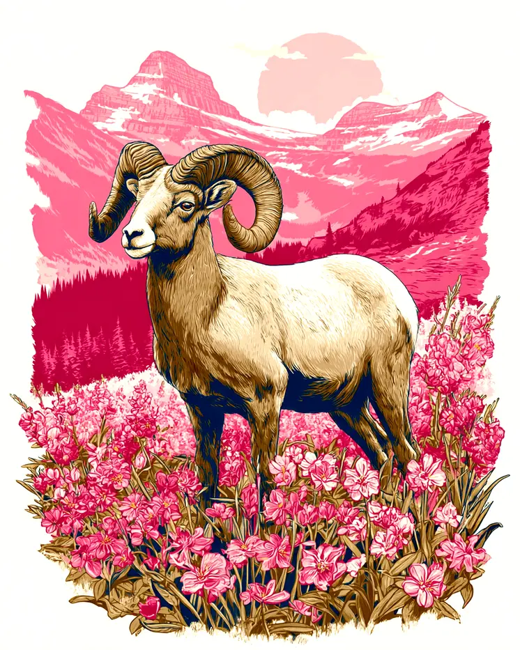 Bighorn Sheep in Pink Landscape Wildlife Art Print - 8"x10" Artwork for 11"x14" Frame