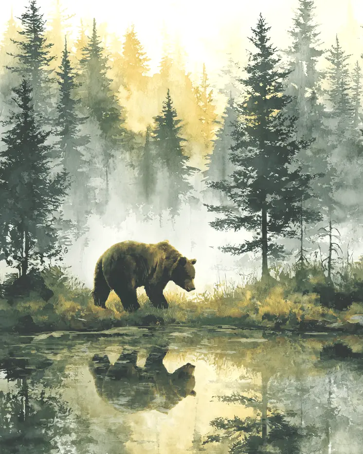 Bear in Misty Forest Wildlife Art Print - 8"x10" Artwork for 11"x14" Frame