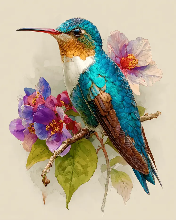 Emerald Hues Watercolor Hummingbird Wildlife Art Print - 8"x10" Artwork for 11"x14" Frame