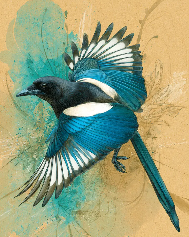 Flying Magpie Wildlife Art Print - 8"x10" Artwork for 11"x14" Frame