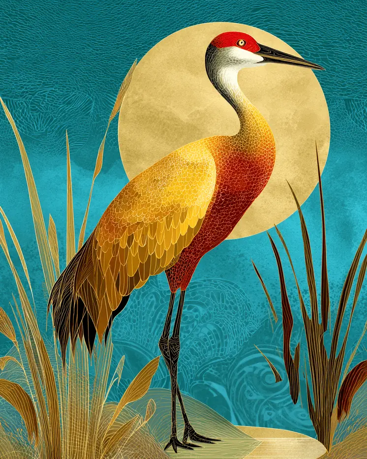 Ful Moon Sadhill Crane Wildlife Art Print - 8"x10" Artwork for 11"x14" Frame