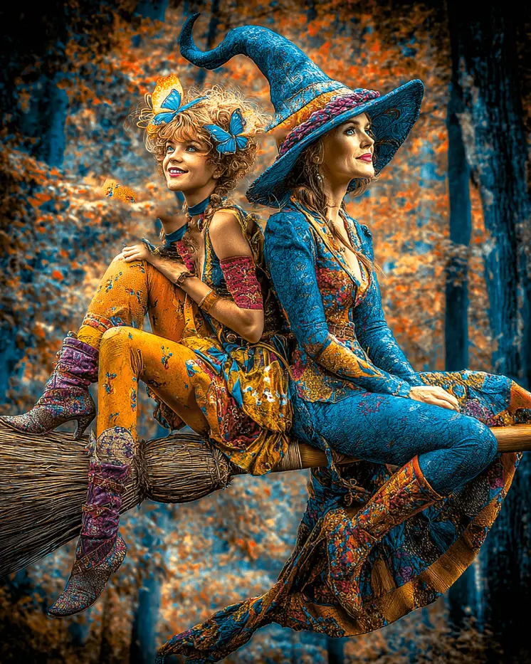 Two Witches on a Broom - Dark Academia Art - 8"x10" Artwork for 11"x14" Frame