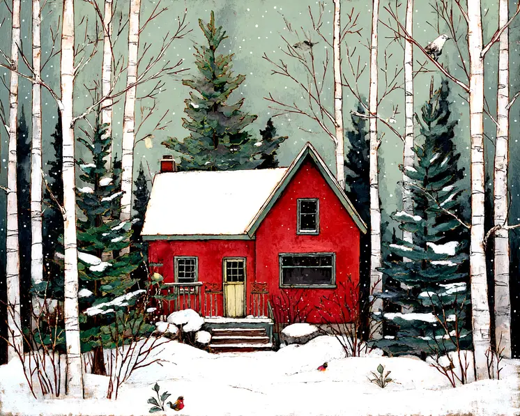 Red House in Aspens - Winter Landscape Art Print - 8"x10" Artwork for 11"x14" Frame