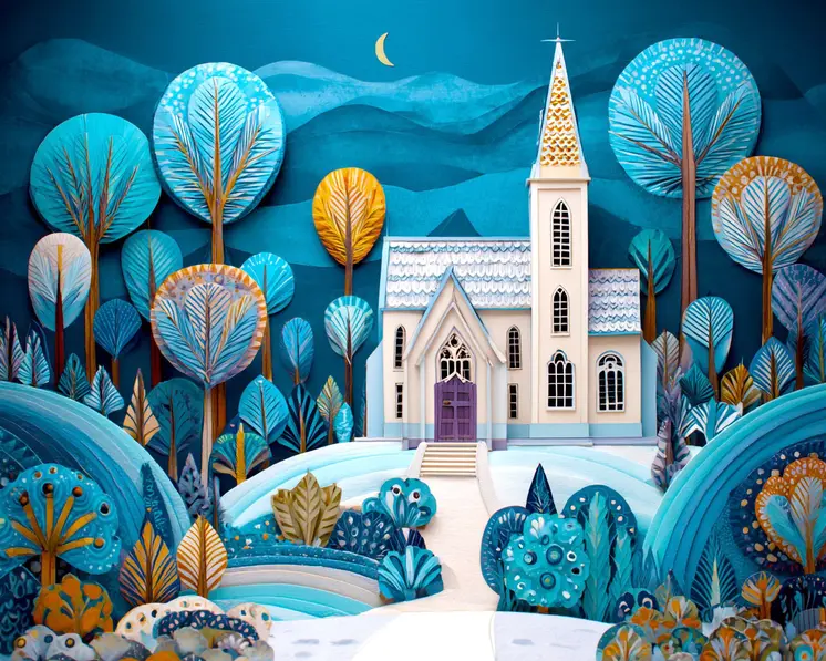 Stylized Church Winterscape - Winter Landscape Art Print - 8"x10" Artwork for 11"x14" Frame