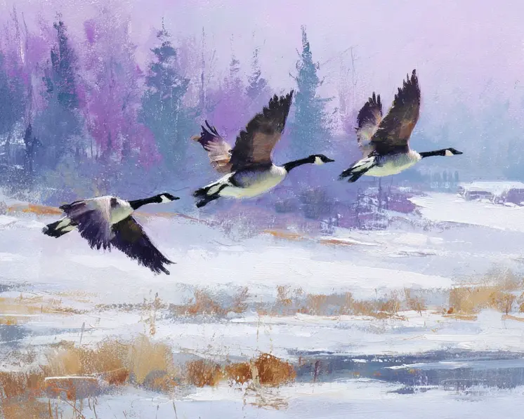 Three Canada Geese Winterscape - Winter Landscape Art Print - 8"x10" Artwork for 11"x14" Frame