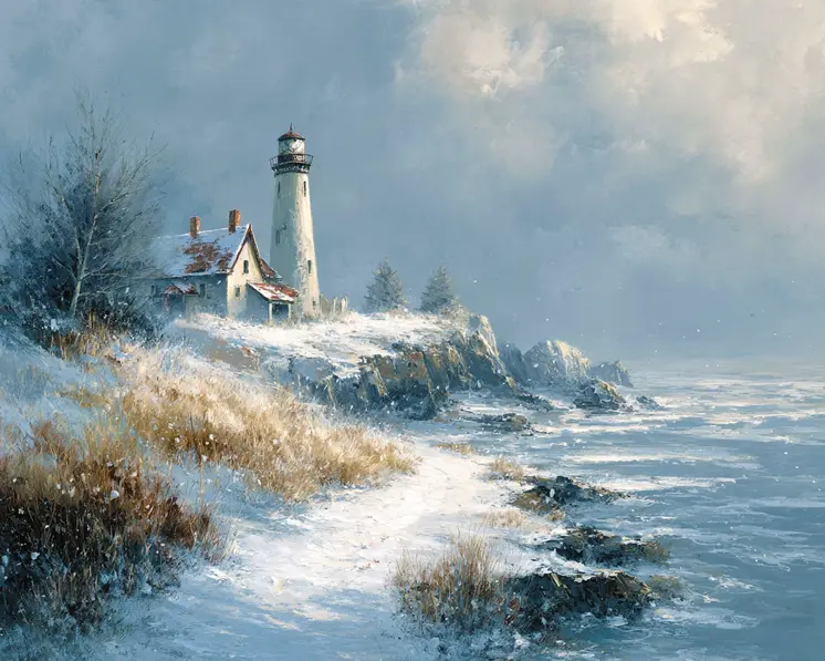 Maine Lighthouse Winterscape - Winter Landscape Art Print - 8"x10" Artwork for 11"x14" Frame